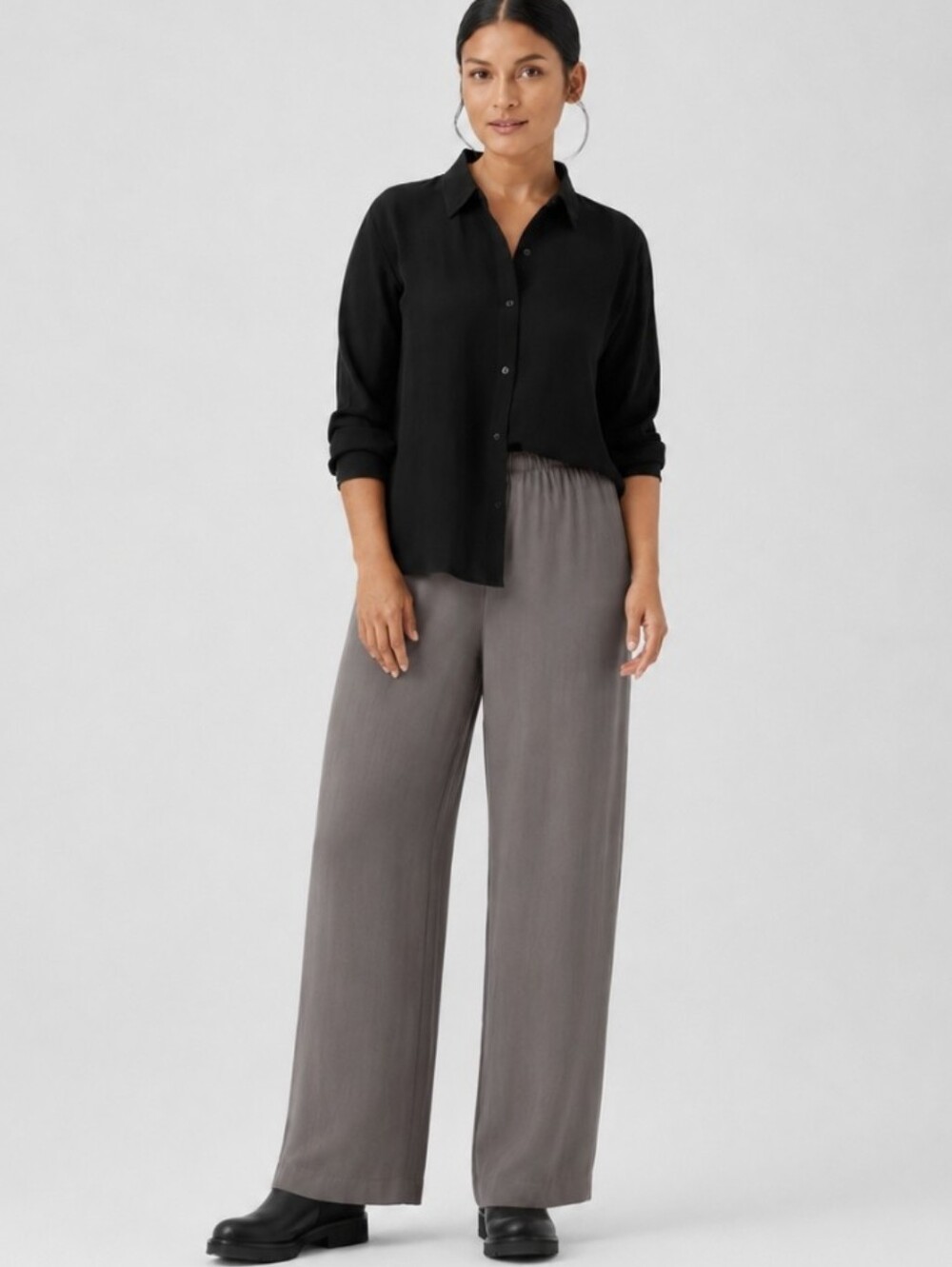Eileen Fisher Silk Georgette Crepe Pants Straight Wide Leg Taupe Pull-On Sz M